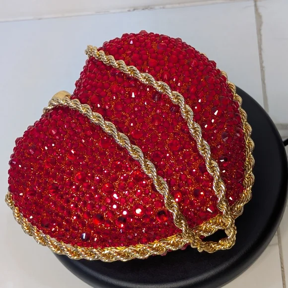 Women's Red Crystal Heart Evening Bag  Sparkly Rhinestone Clutch with Gold Chain - Picture 5 of 13